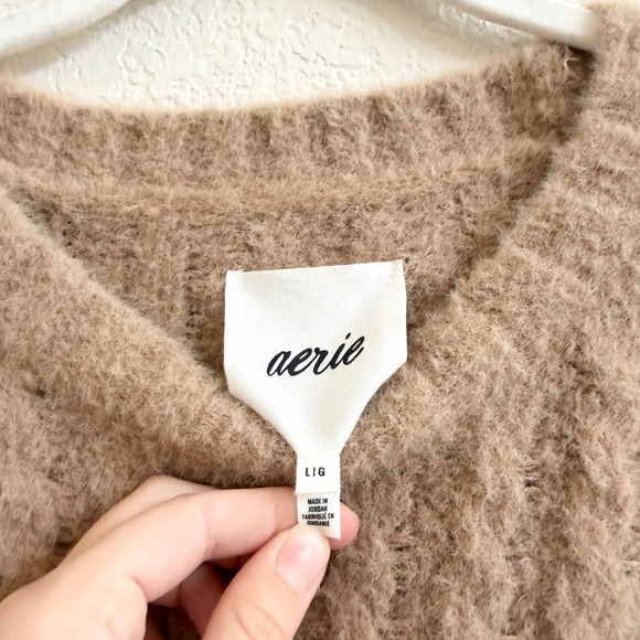 Aerie Tan Cable Knit Cropped Oversized Sweater Soft Fuzzy Sz L Cozy Loungewear - Picture 3 of 10